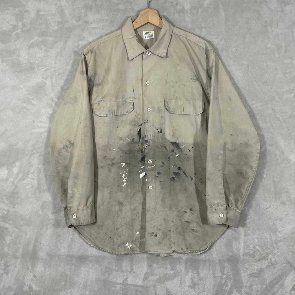 Vtg 60s Sears Work Shirt Mens Large Gussets Paint Splatter Ghost Pocket Distress